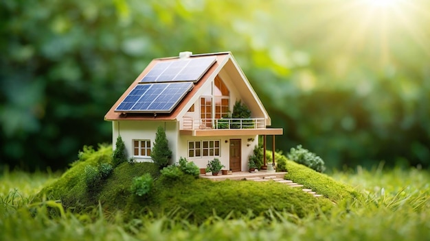 Model of a small ecofriendly house with a solar panel system on a grassy field