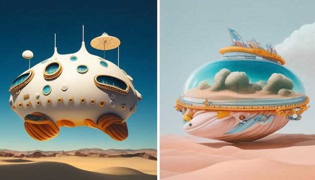 a model of a spaceship and a house in the desert