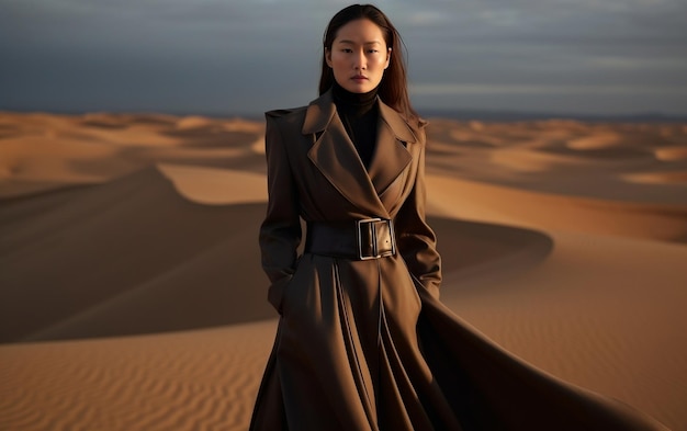 model standing in desert wearing designer dress