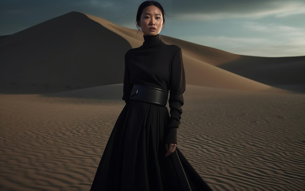 model standing in desert wearing designer dress