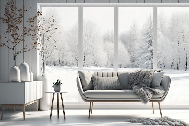 A model of a stylish white room with a sofa and a scene of winter outside Scandinavian inspired interior design