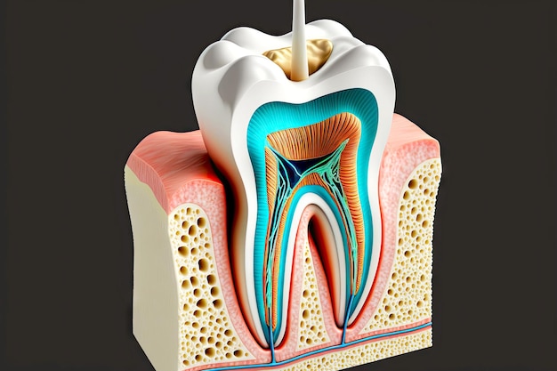 Model of tooth in section with needle to demonstrate dental implantology process