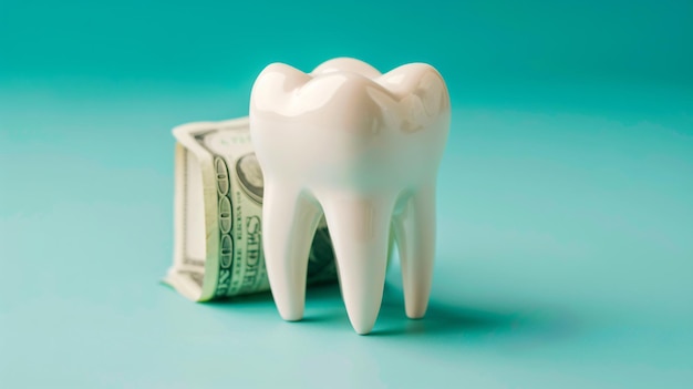 Model of Tooth with Dollar Banknotes on Turquoise Background