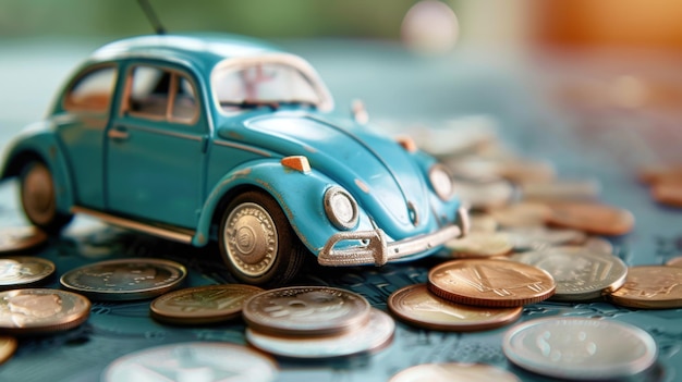 Model toy car with coin money Concept of car insurance buying and selling vehicles