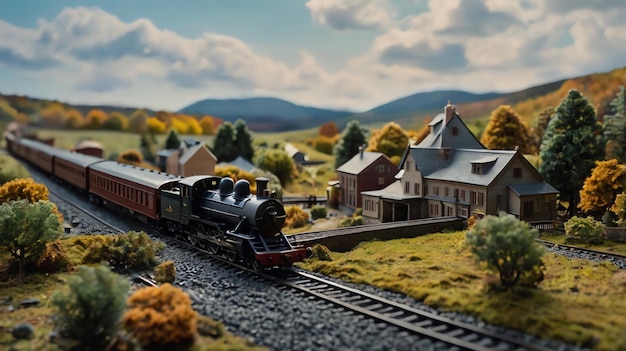 a model train is going down the tracks in front of a house