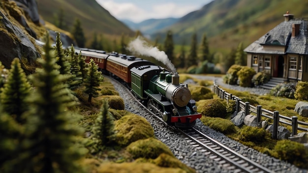 a model train is going down the tracks in the mountains