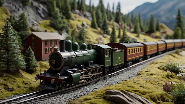 a model train with a model train on the tracks