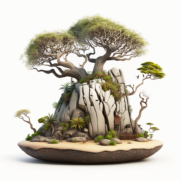 A model of a tree with a rock formation in the background