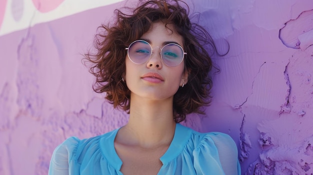 Model in a turquoise blouse against a lavender wall