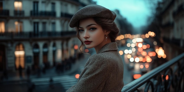 Photo model in vintageinspired outfit on balcony