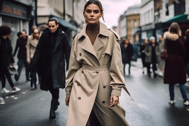 A model walking down a busy street in a chic trench coat Generative Ai