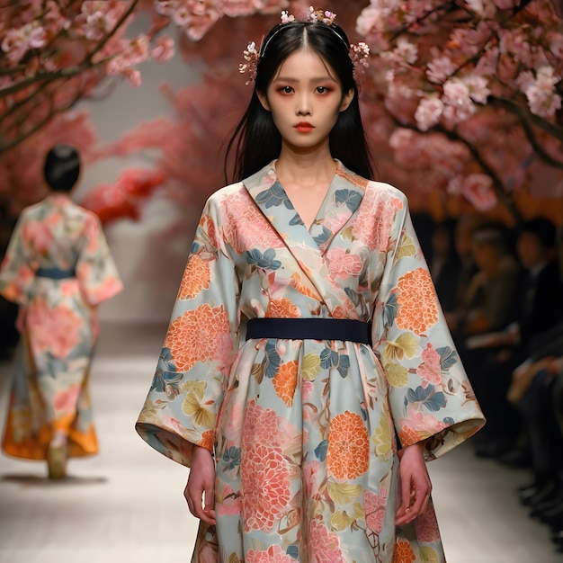 Photo a model walks down a runway wearing a kimono