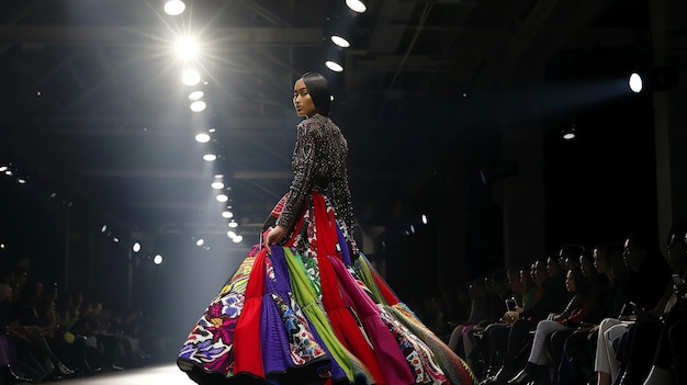 A model walks the runway during a fashion show She is wearing a black and