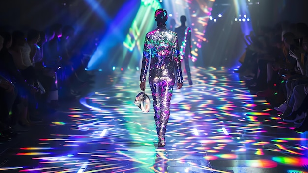 A model walks the runway at a fashion show in a sparkly outfit under dazzling lights