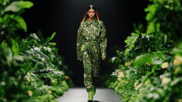 Photo a model walks the runway in a vibrant green outfit surrounded by lush greenery showcasing the latest in fashion trends