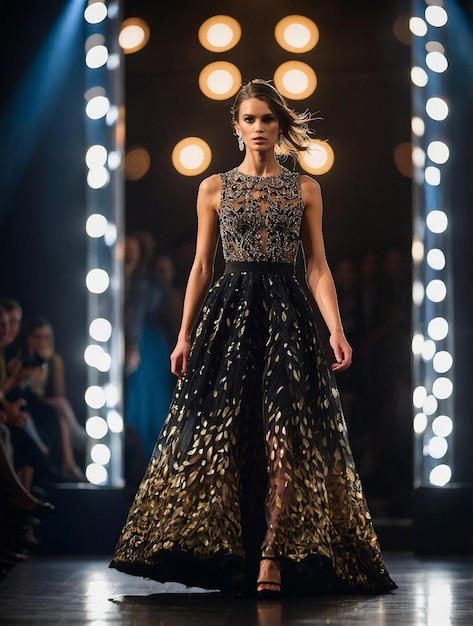 a model walks the runway wearing a black and gold dress with a floral pattern