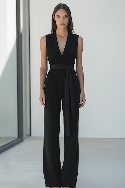 a model wearing a black jumpsuit with a black bow at the top