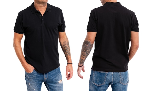 Model wearing black men's polo shirt mockup for your own design