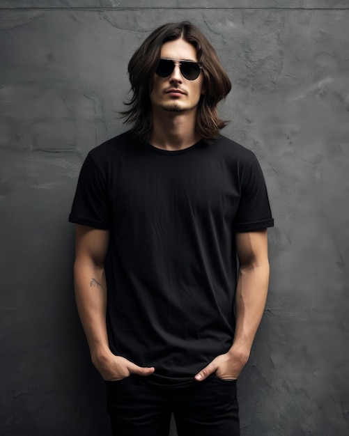 A model wearing a black tshirt sunglasses and long hair poses against a gray wall