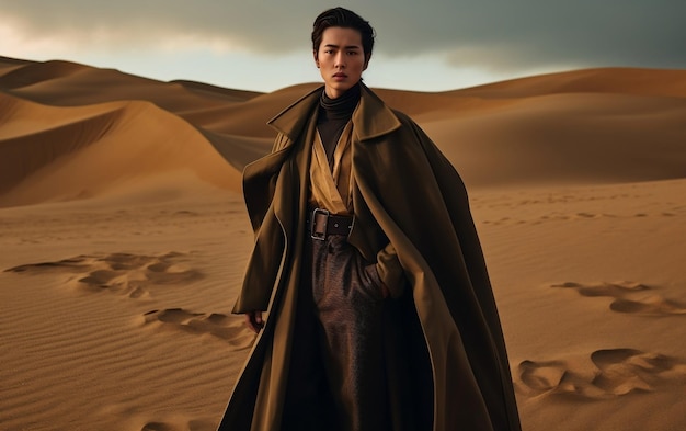 Model wearing designer dress in sand dunes