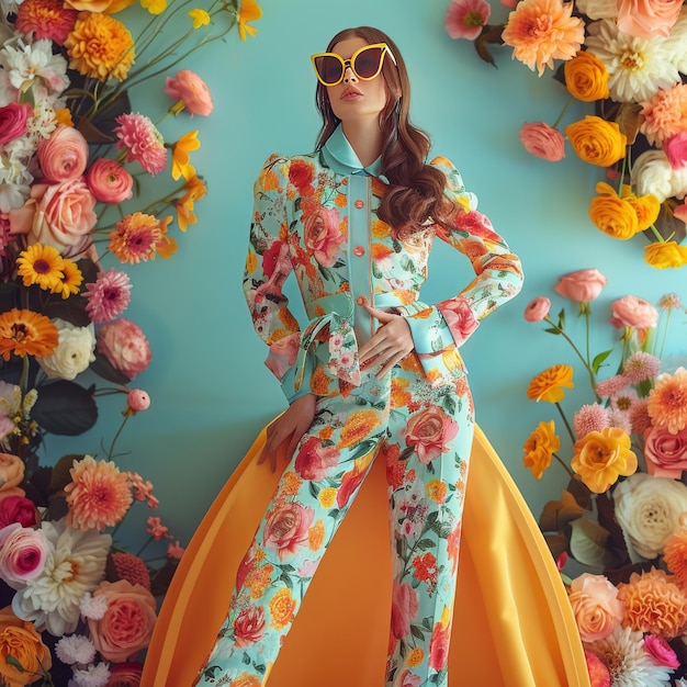 a model wearing a dress with a flower on it and sunglasses on the bottom