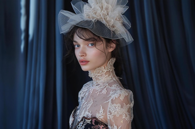 Photo a model wearing an elegant victorianstyle lace dress with a high collar and tulle hat standing in