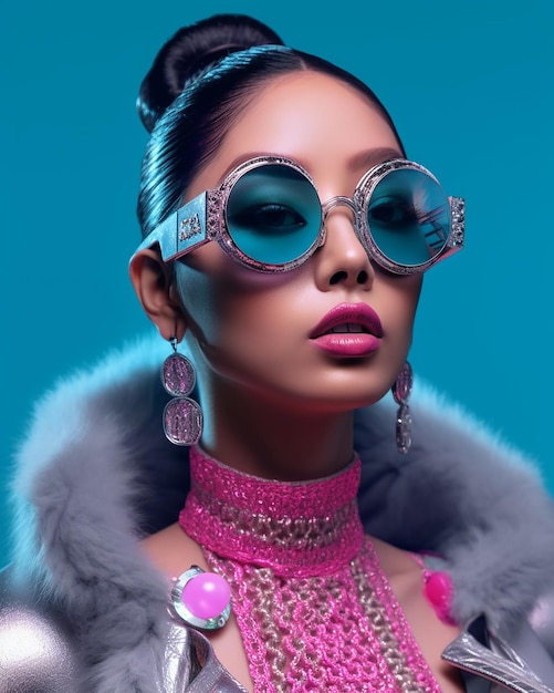 a model wearing a fur collared jacket and a pair of goggles with a pink lip