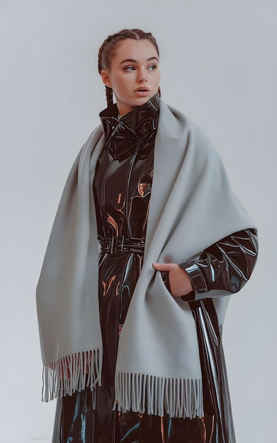 Photo a model wearing a gray cape with a black and white pattern ai generative