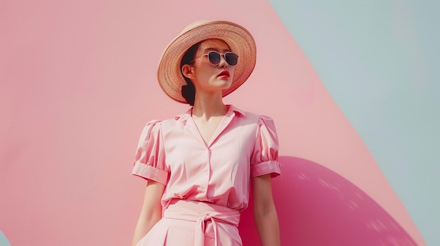 Photo a model wearing a pink dress and hat is posing in front of a pink wall