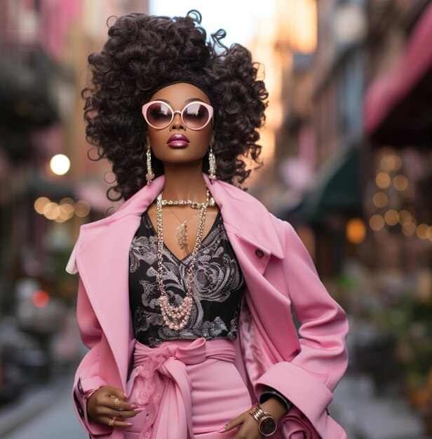 A model wearing a pink jacket and pink pants is posing for a photo