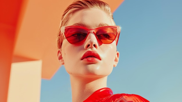 Photo a model wearing a red dress and sunglasses is wearing a red dress