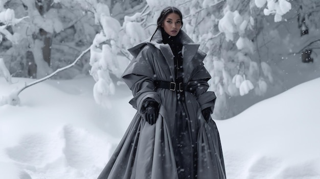 model wearing warn designer clothes in snow