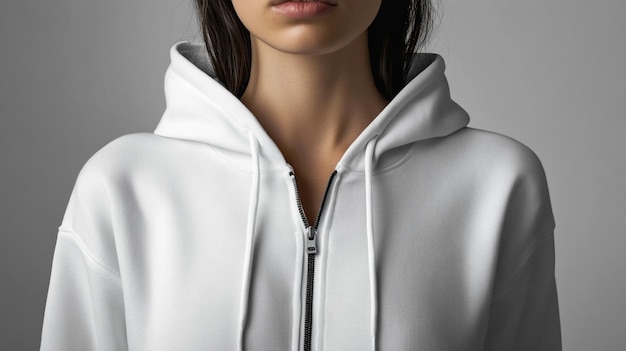 a model wearing a white hoodie with a black zipper