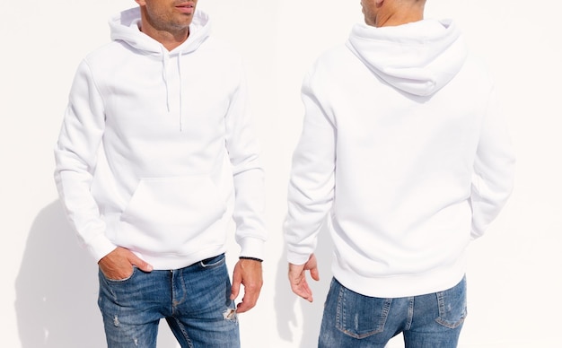 Model wearing white men's hoodie mockup for your own design