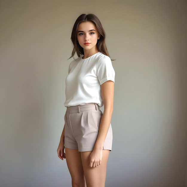 a model wearing a white top and shorts with a white bra on it