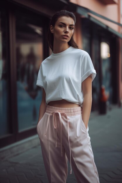 Photo a model wearing a white top and a white top stands on a street.