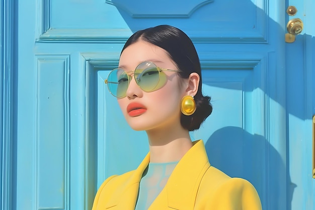 a model wearing a yellow jacket and sunglasses is wearing a yellow jacket