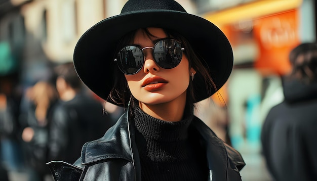 a model wears a black hat and sunglasses with a black hat