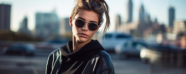 a model wears a black leather jacket with a black leather jacket and sunglasses