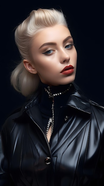 a model wears a black leather jacket with a silver zipper