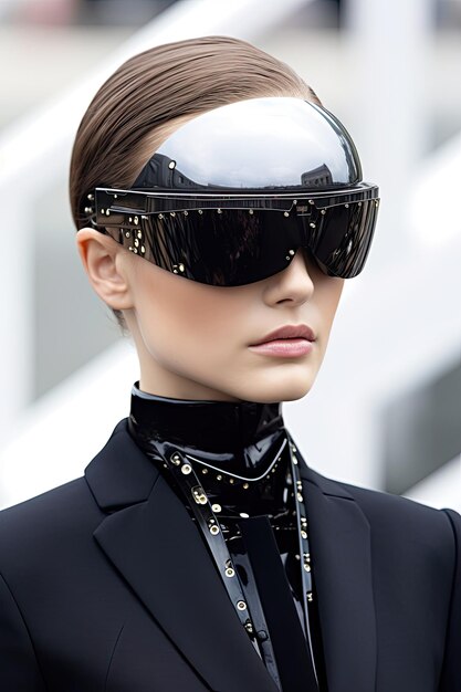 A model wears a black leather visor and sunglasses.