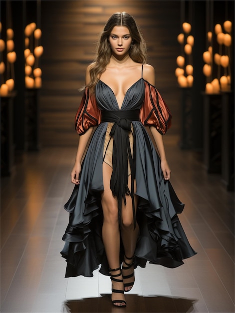 A model wears a black and red dress with a black skirt