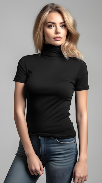 A model wears a black shirt with a turtleneck.