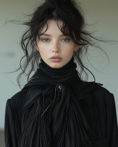 a model wears a black silk scarf with a silver clasp