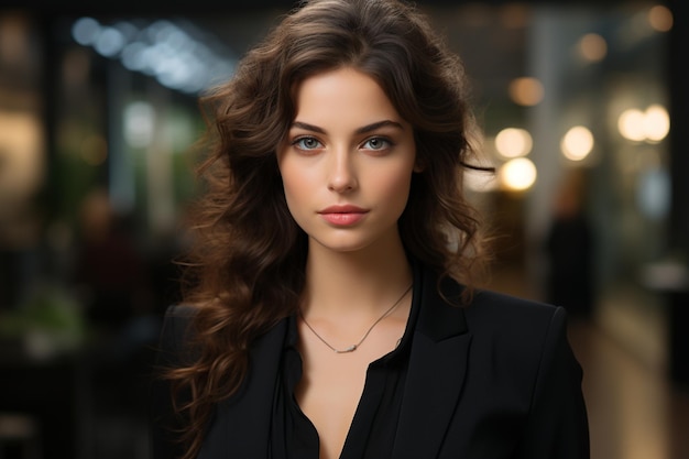 A model wears a black suit with a gold necklace on it.