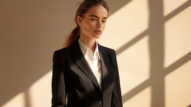 a model wears a black suit with a white shirt and black tie