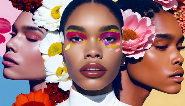 A model wears a colorful eye makeup with flowers on the front.