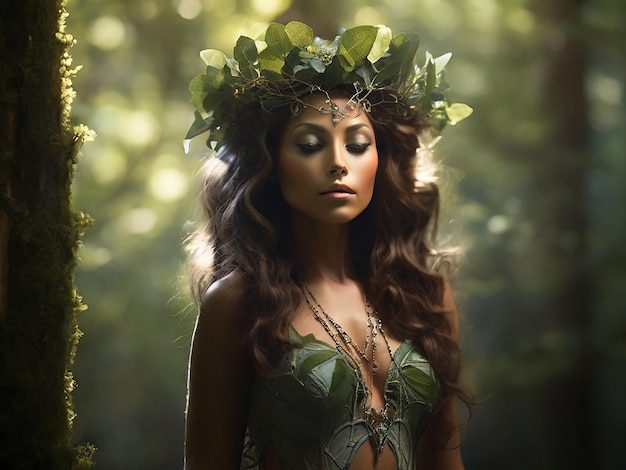 a model wears a crown of flowers and leaves