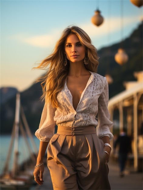 A model wears a dress with a long sleeved top and a long skirt.