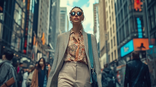 a model wears a floral top and sunglasses on the streets